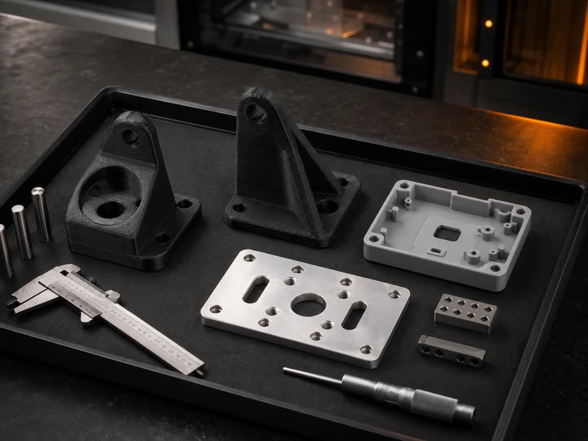 Low volume batch of printed and machined parts arranged for QA